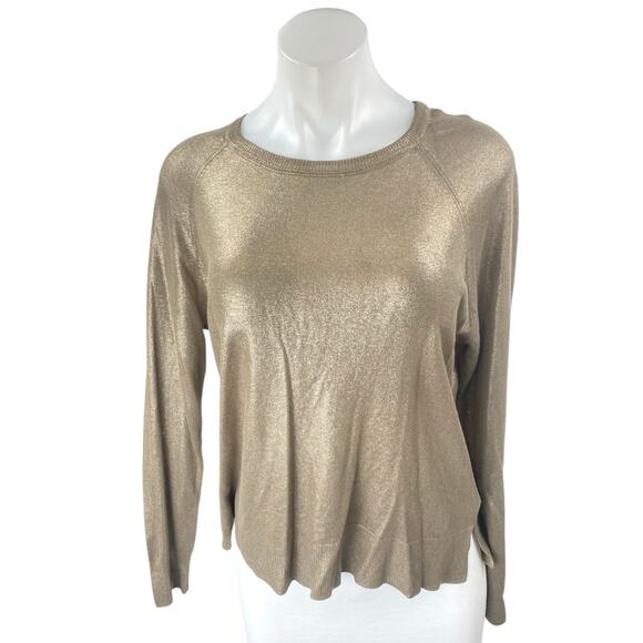 Zara Women's Beige Tan Metallic Long Sleeve Crew Neck Pullover Sweater Top Sz S - Picture 1 of 4